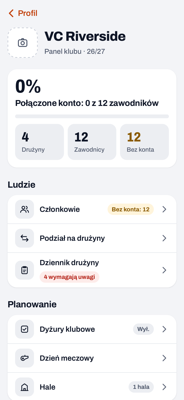 Panel klubu w Koach z kafelkami Drużyny, Zawodnicy i Bez konta oraz w części Planowanie wierszami Dyżury klubowe i Dzień meczowy