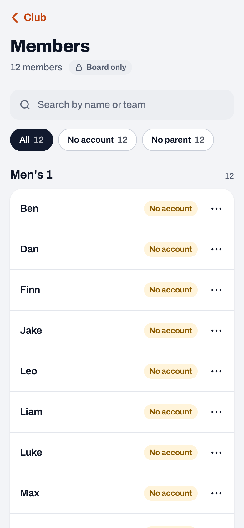 Members in the Koach club dashboard: search field, the All, No account and No parent filters, and three dots for each player