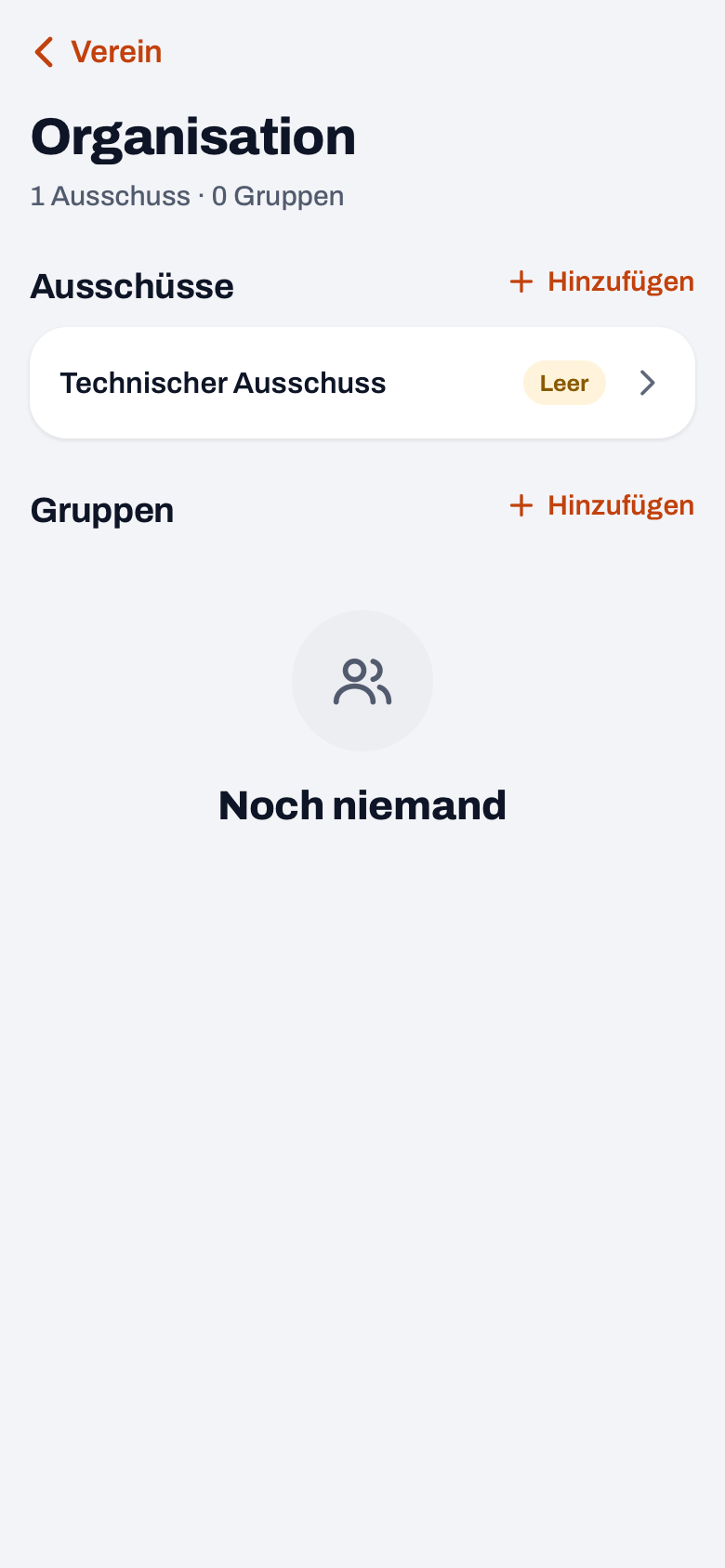 Organisation im Vereins-Dashboard von Koach mit dem Technischen Ausschuss unter Ausschüsse und einer leeren Liste Gruppen
