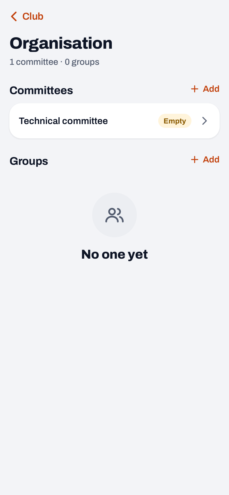 Organisation in the Koach club dashboard with the Technical committee under Committees and an empty Groups list