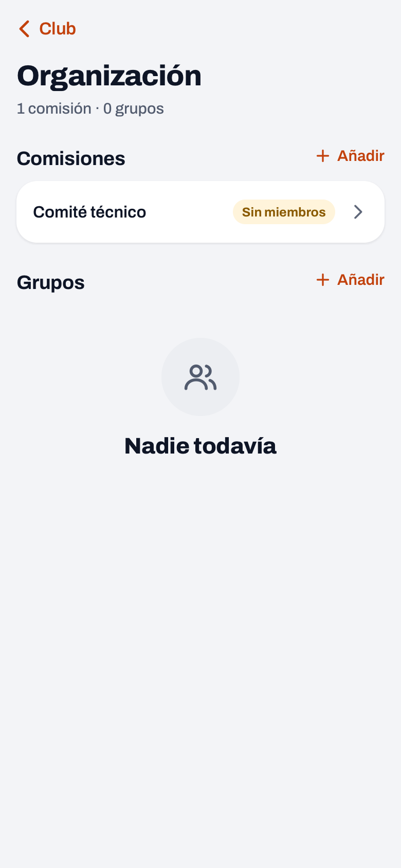 Organización en el panel del club de Koach con el Comité técnico en Comisiones y una lista de Grupos vacía