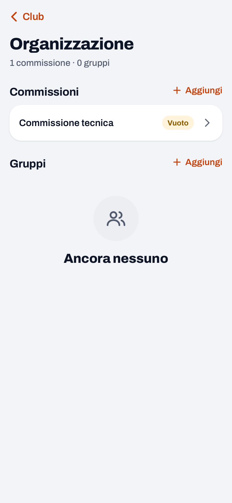 Organizzazione nella dashboard della società in Koach con la Commissione tecnica sotto Commissioni e l'elenco Gruppi vuoto