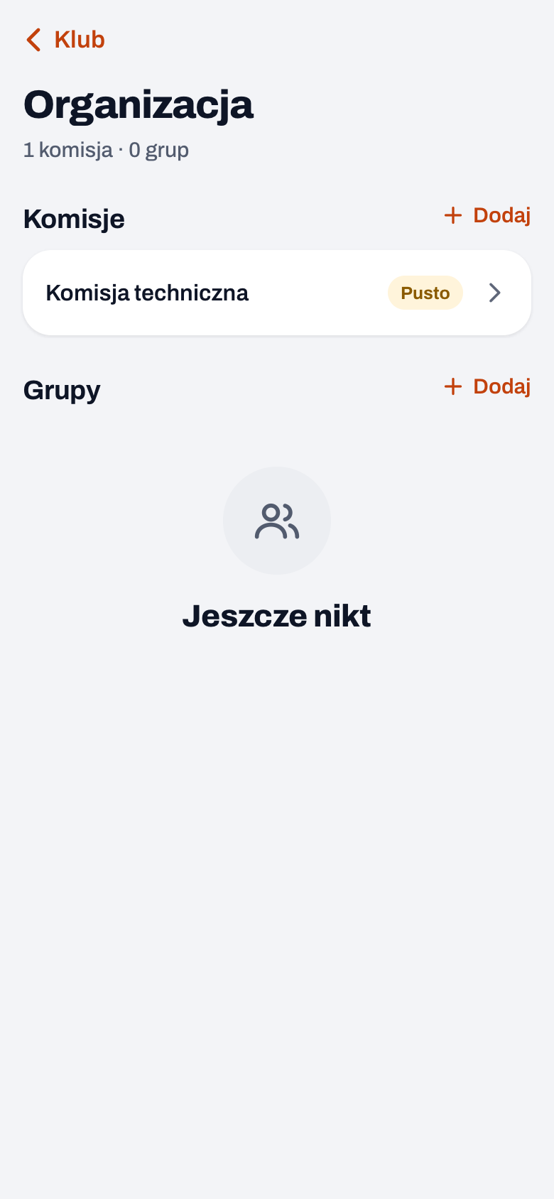 Organizacja w panelu klubu Koach z Komisją techniczną pod Komisje i pustą listą Grupy