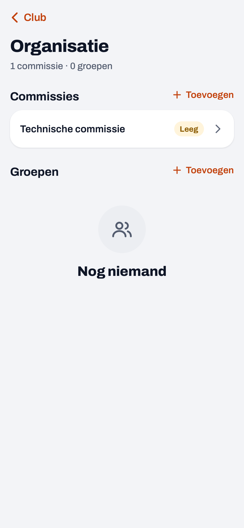 Organisatie in het clubdashboard van Koach met de Technische commissie onder Commissies en een lege lijst Groepen