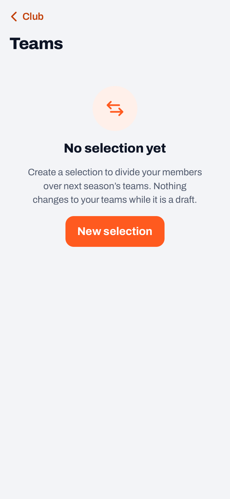 Teams in the Koach club dashboard with no selection yet, the explanation about next season and the New selection button