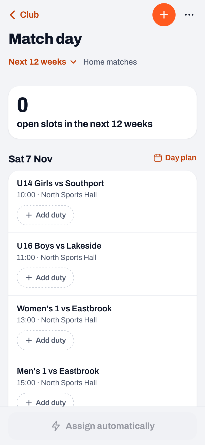 Match day in Koach with a Saturday's home matches, each with the Add duty button, and Assign automatically at the bottom