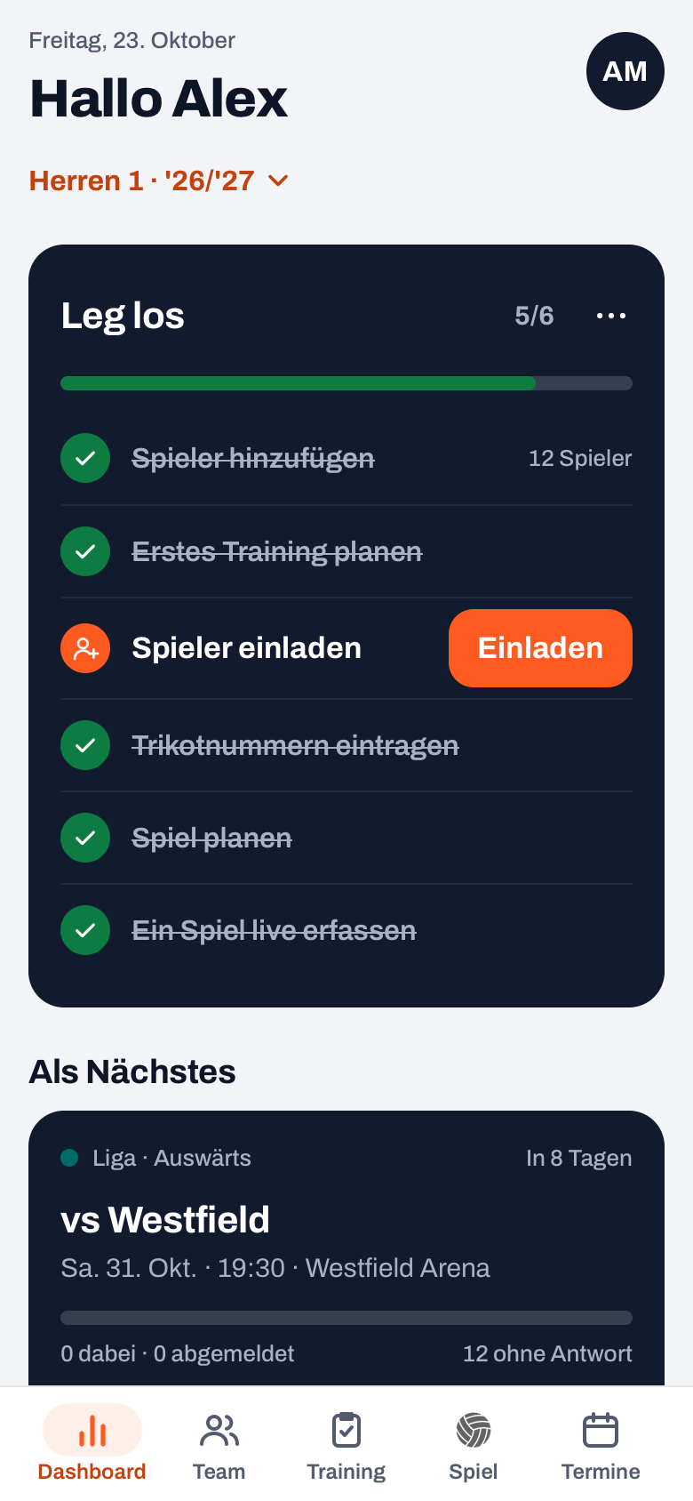 Dashboard eines Trainers in Koach mit der Taste mit Teamname und Saison unter der Begrüßung, der Karte Leg los und der Karte Als Nächstes
