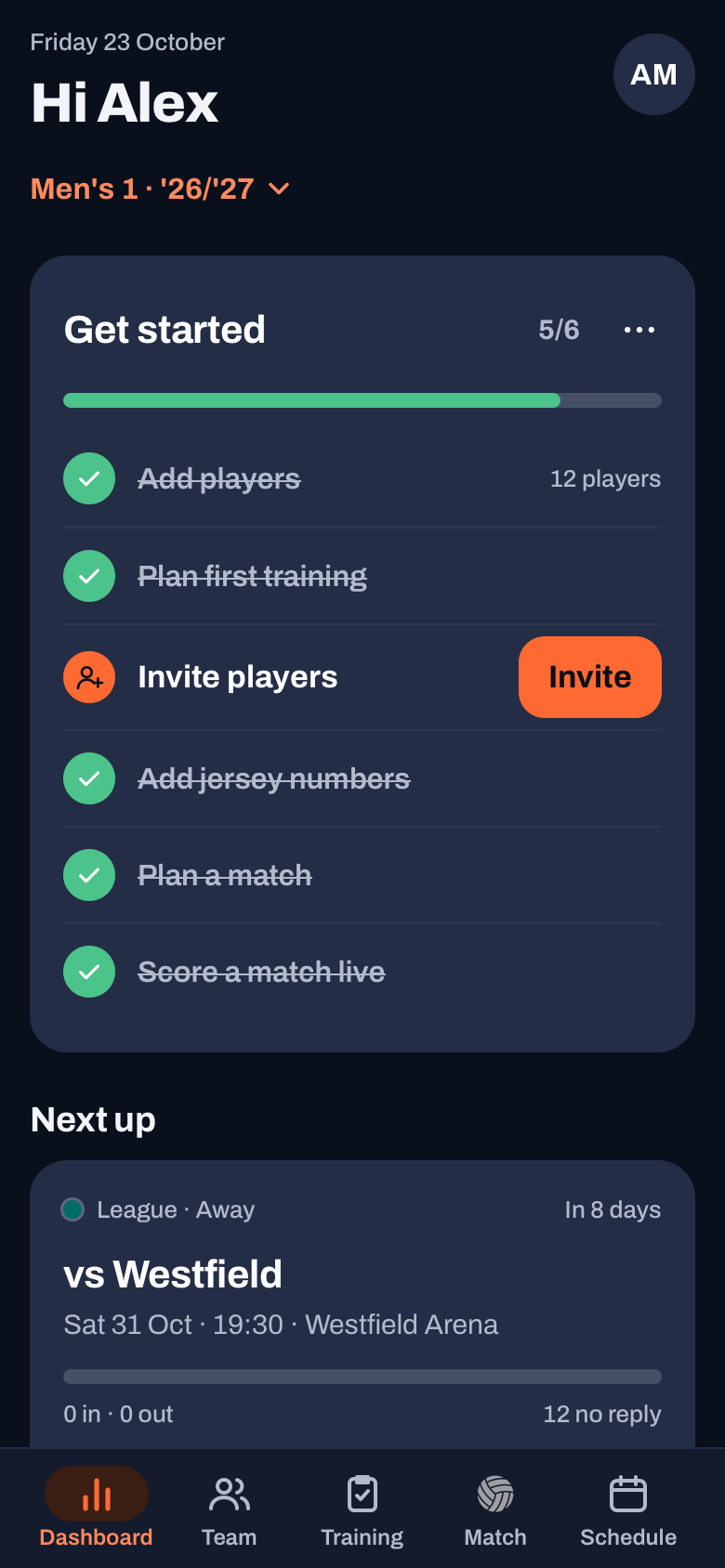The Koach dashboard in dark mode with the Get started card, the next match and the tab bar at the bottom