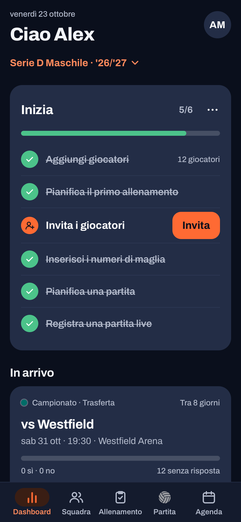 La dashboard di Koach 3.0 in modalità scura con la scheda Inizia e la prossima partita sotto In arrivo