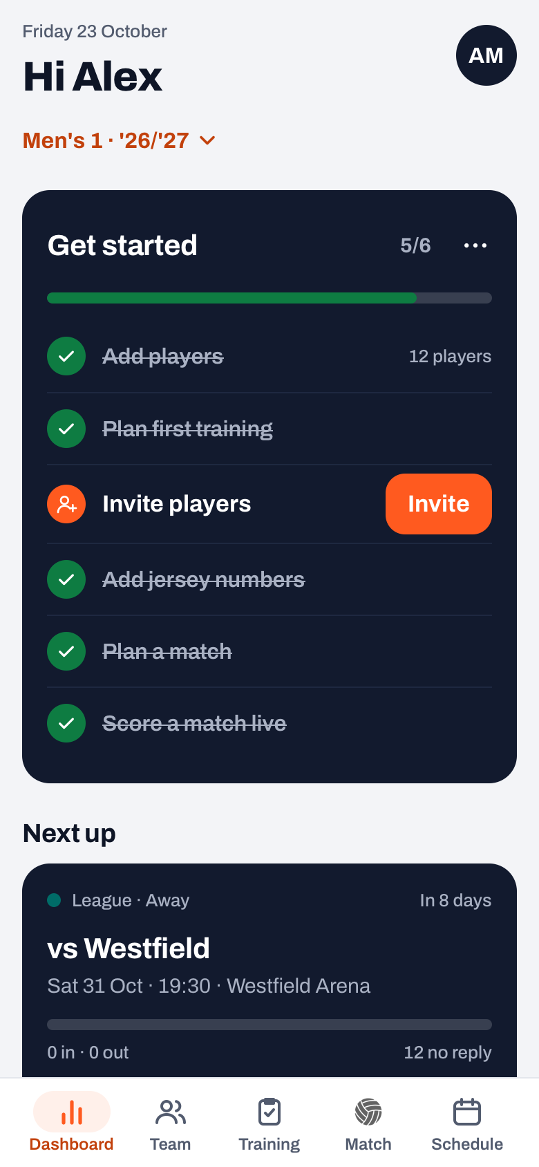 A coach's dashboard in Koach with the team name and season button under the greeting, the Get started card and the Next up card