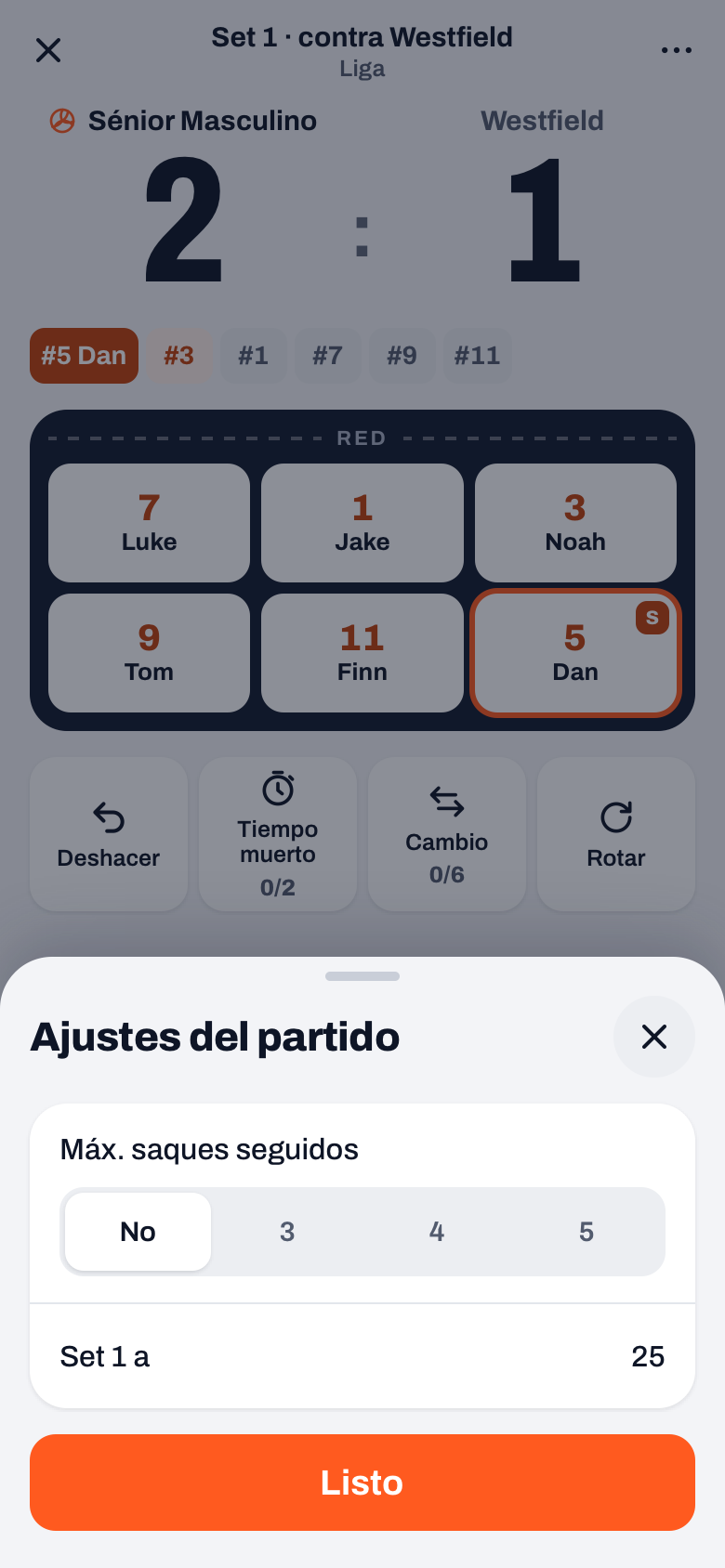 La hoja Ajustes del partido en la pantalla en directo con Máx. saques seguidos: No, 3, 4 o 5, debajo Set 1 a 25 y el botón Listo