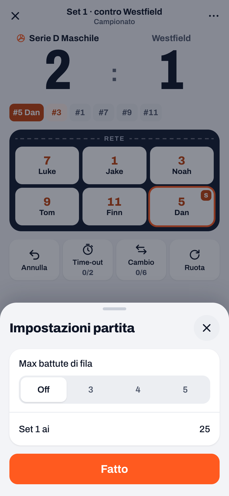 Il pannello Impostazioni partita nella schermata live con Max battute di fila: Off, 3, 4 o 5, sotto il set a 25 punti e il pulsante Fatto