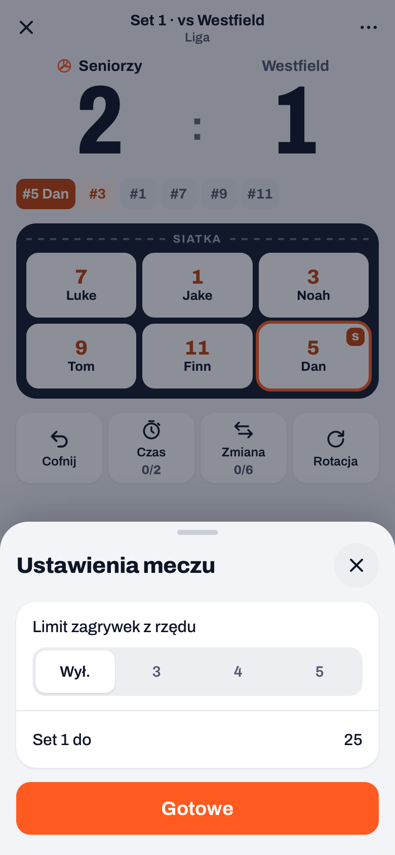 Panel Ustawienia meczu na ekranie meczu z opcją Limit zagrywek z rzędu: Wył., 3, 4 lub 5, pod spodem Set 1 do 25 i Gotowe