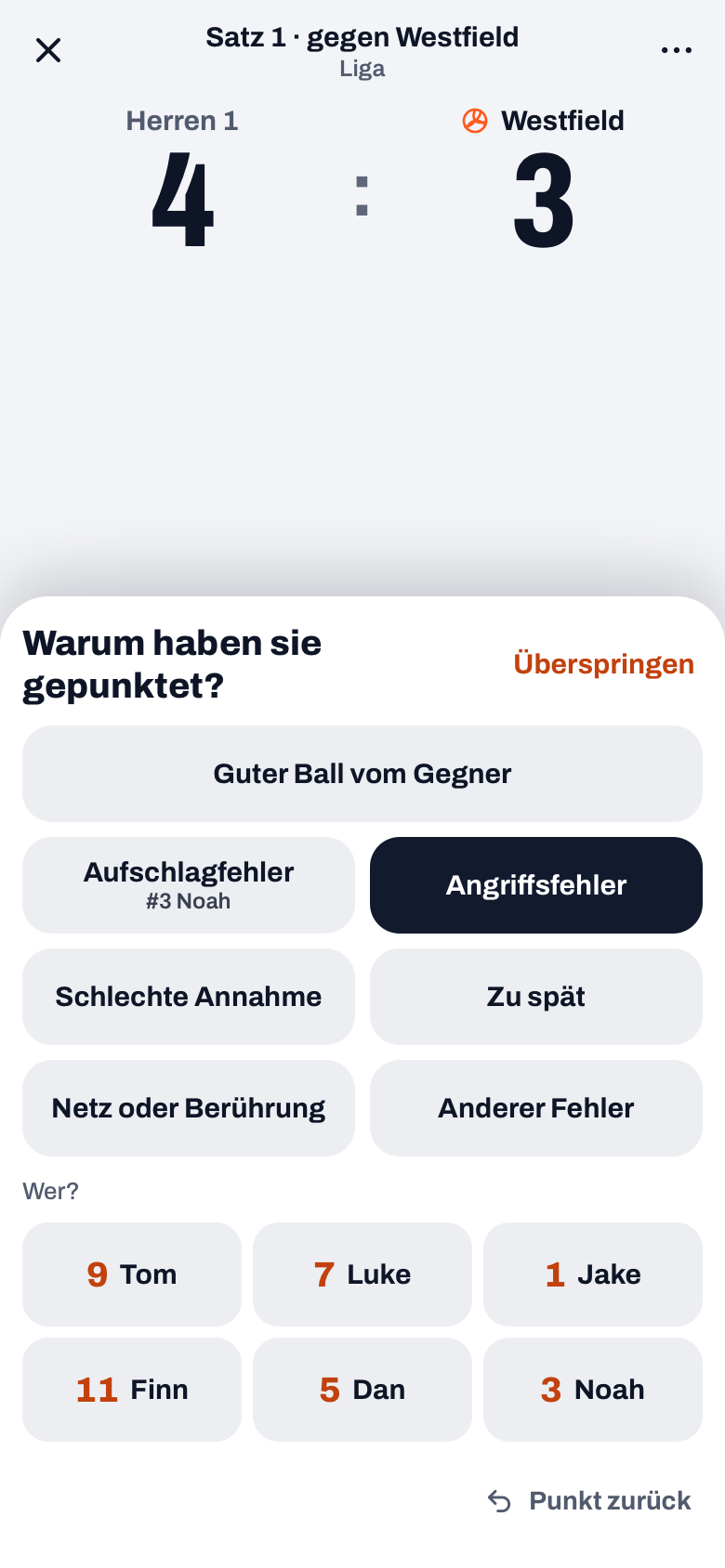 Das Fenster Warum haben sie gepunktet? in Koach mit Guter Ball vom Gegner, Aufschlagfehler, Angriffsfehler und den Spielern unter Wer?