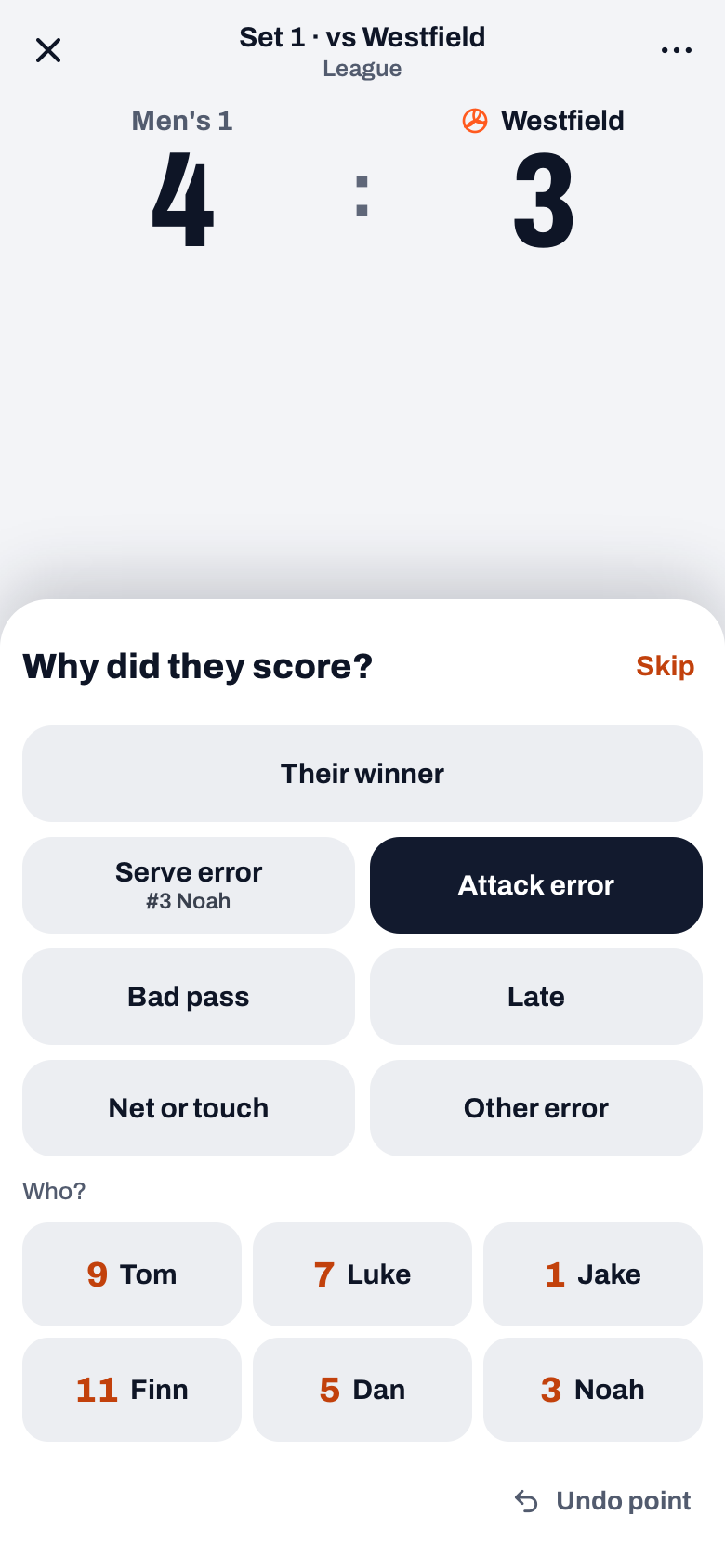 The Why did they score? drawer in Koach with Their winner, Serve error, Attack error and the players under Who?