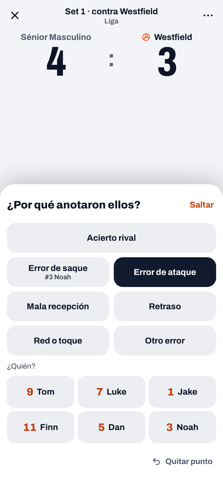 Panel ¿Por qué anotaron ellos? en Koach con Acierto rival, Error de saque, Error de ataque y los jugadores bajo ¿Quién?