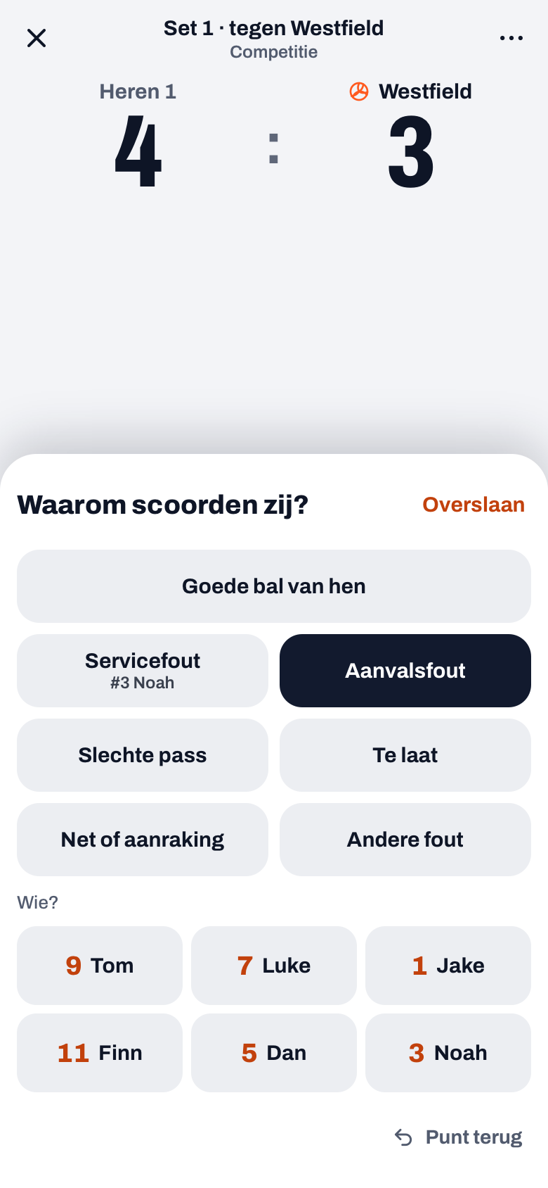 Lade Waarom scoorden zij? in Koach: Goede bal van hen, Servicefout op naam van de serveerder, Aanvalsfout, Slechte pass en Wie?