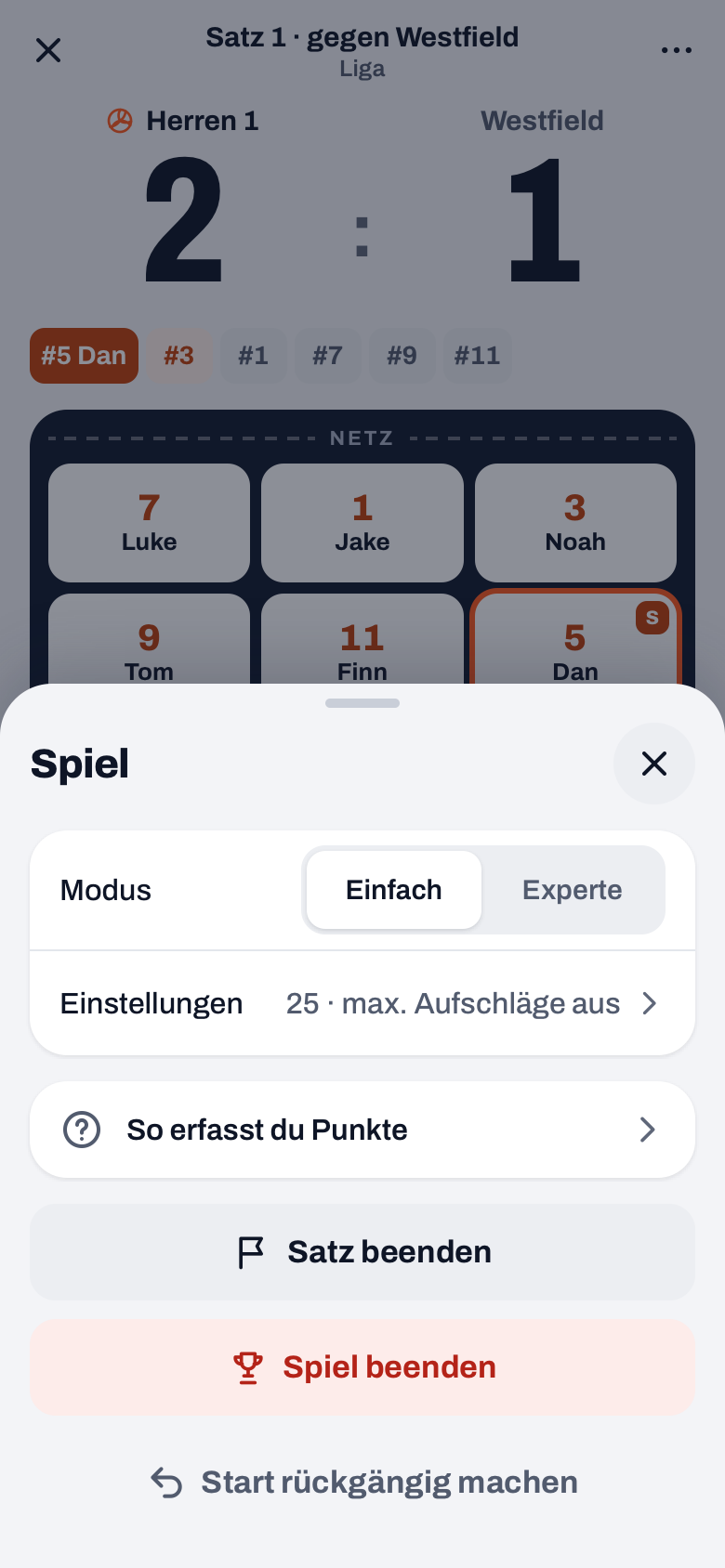Blatt Spiel hinter den drei Punkten mit Modus Einfach oder Experte, Einstellungen, Satz beenden, Spiel beenden und Start rückgängig machen