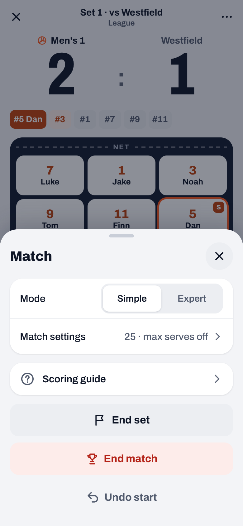 The Match sheet in the More menu with Mode Simple or Expert, Match settings, End set, End match and Undo start