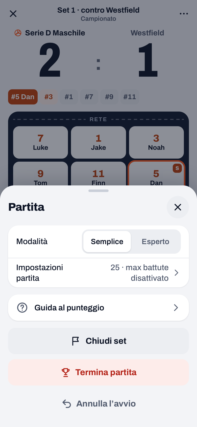 Pannello Partita nel menu dei tre puntini con Modalità Semplice o Esperto, Impostazioni partita, Chiudi set e Annulla l'avvio
