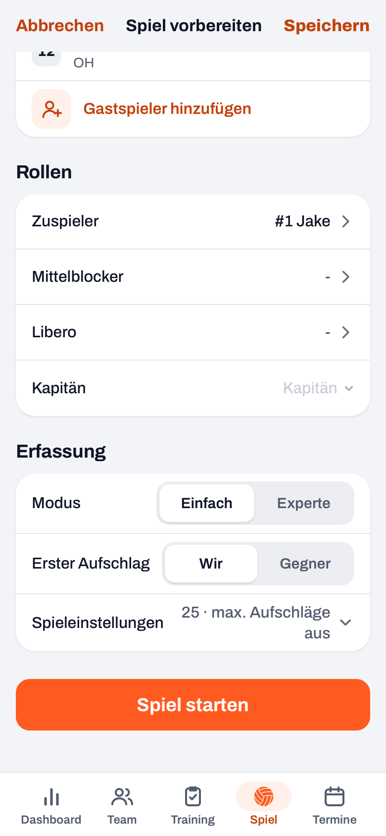 Startbildschirm Spiel vorbereiten mit Rollen und unter Erfassung der Wahl Modus Einfach oder Experte und Erster Aufschlag Wir oder Gegner