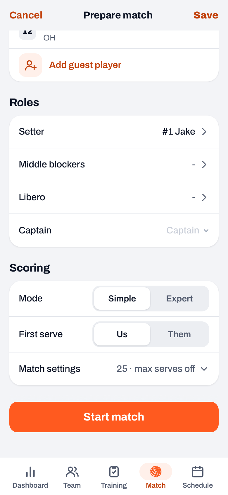 Prepare match screen with Roles and, under Scoring, the choice of Mode Simple or Expert and First serve Us or Them