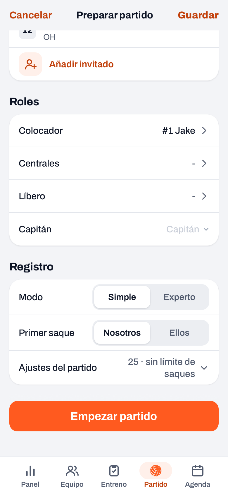 Pantalla de inicio Preparar partido con, en Roles, las filas Colocador, Centrales, Líbero y Capitán, y debajo Registro