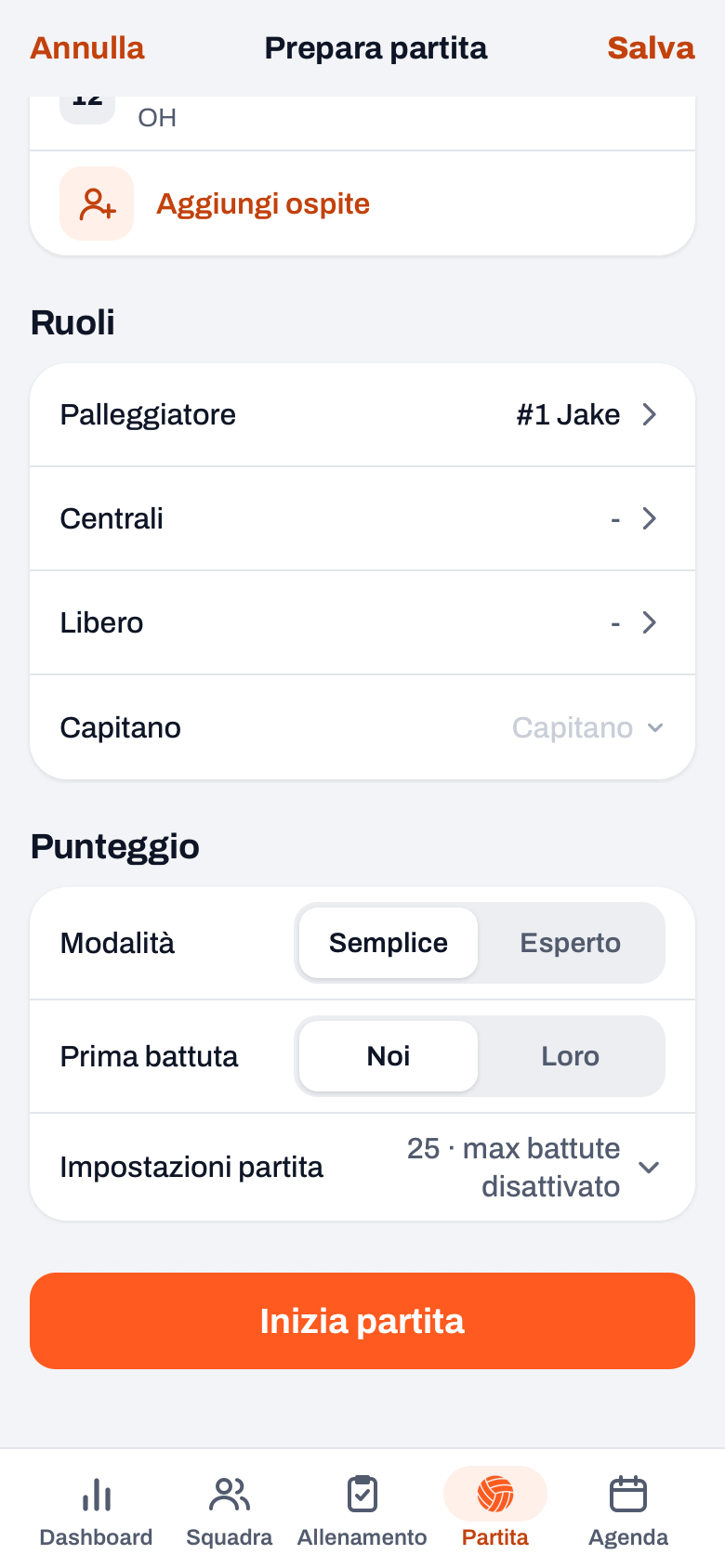 Schermata di avvio Prepara partita con, in Ruoli, le righe Palleggiatore, Centrali, Libero e Capitano, e sotto la sezione Punteggio