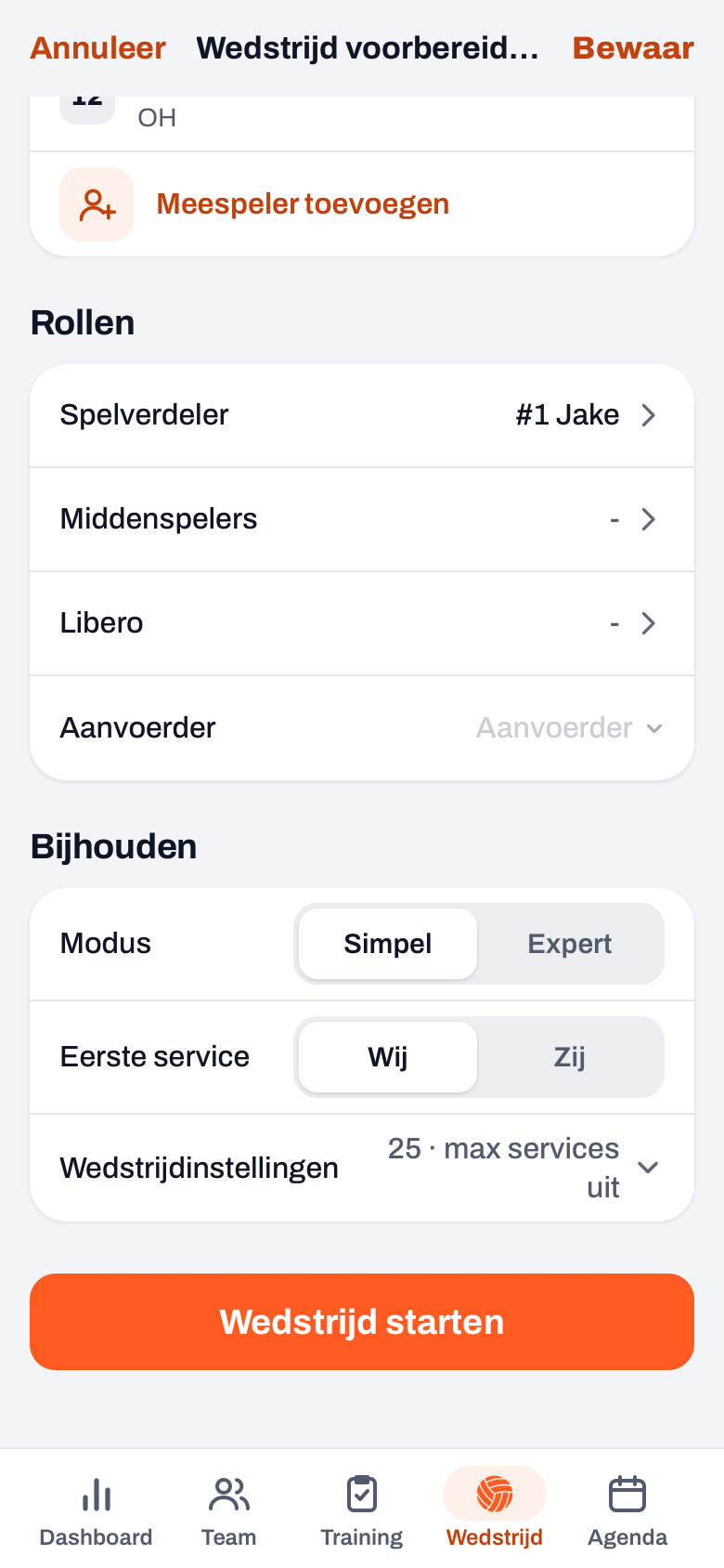 Startscherm Wedstrijd voorbereiden met Rollen en onder Bijhouden de keuze Modus Simpel of Expert en Eerste service Wij of Zij