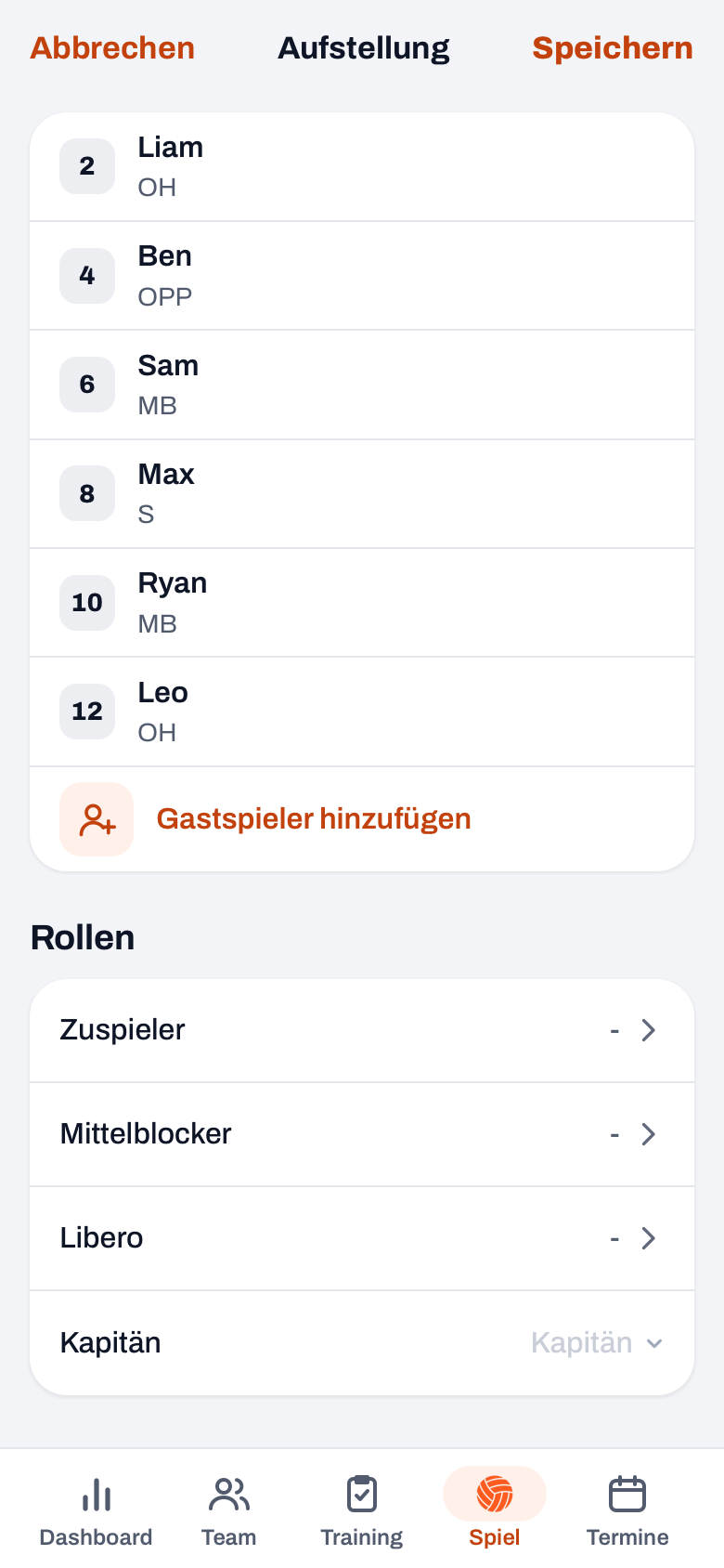 Planungsbildschirm Aufstellung bei einem geplanten Spiel mit der Bank (Rückennummer, Name, Position), Gastspieler hinzufügen und Rollen