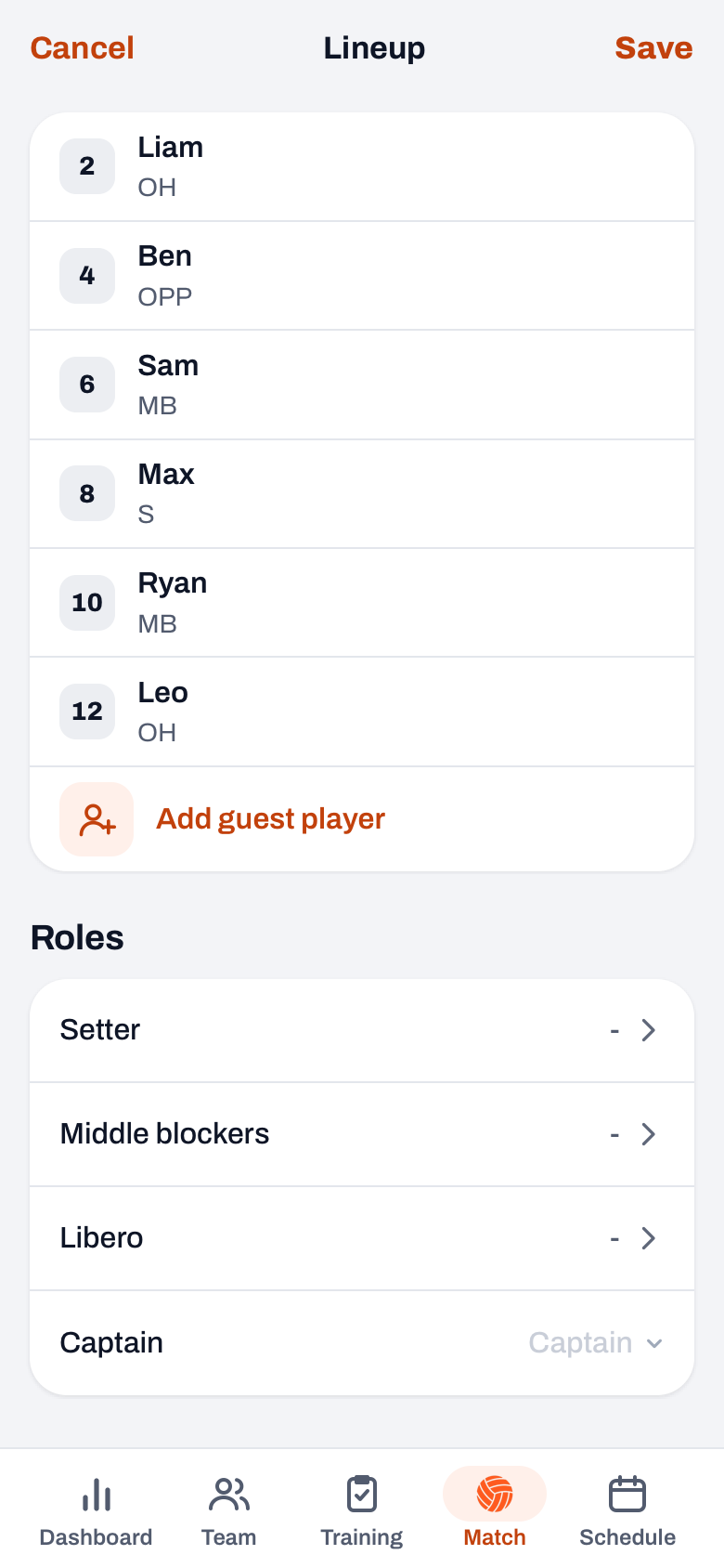 Lineup planning screen for a planned match with the bench (jersey number, name and position), Add guest player and the Roles