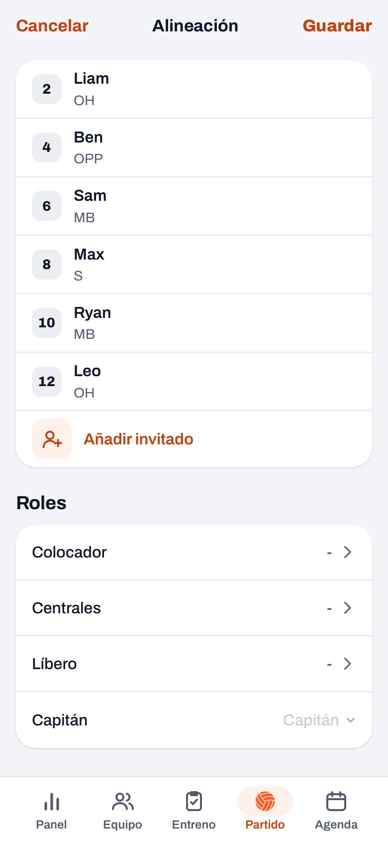 Pantalla Alineación de un partido planificado con el banquillo (dorsal, nombre y posición), Añadir invitado y los Roles
