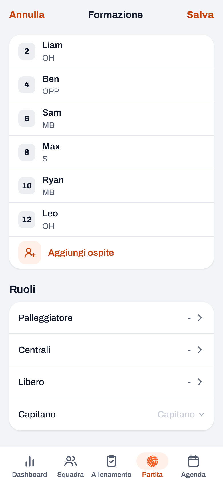 Schermata Formazione di una partita in programma con la panchina (numero, nome e ruolo), Aggiungi ospite e i Ruoli