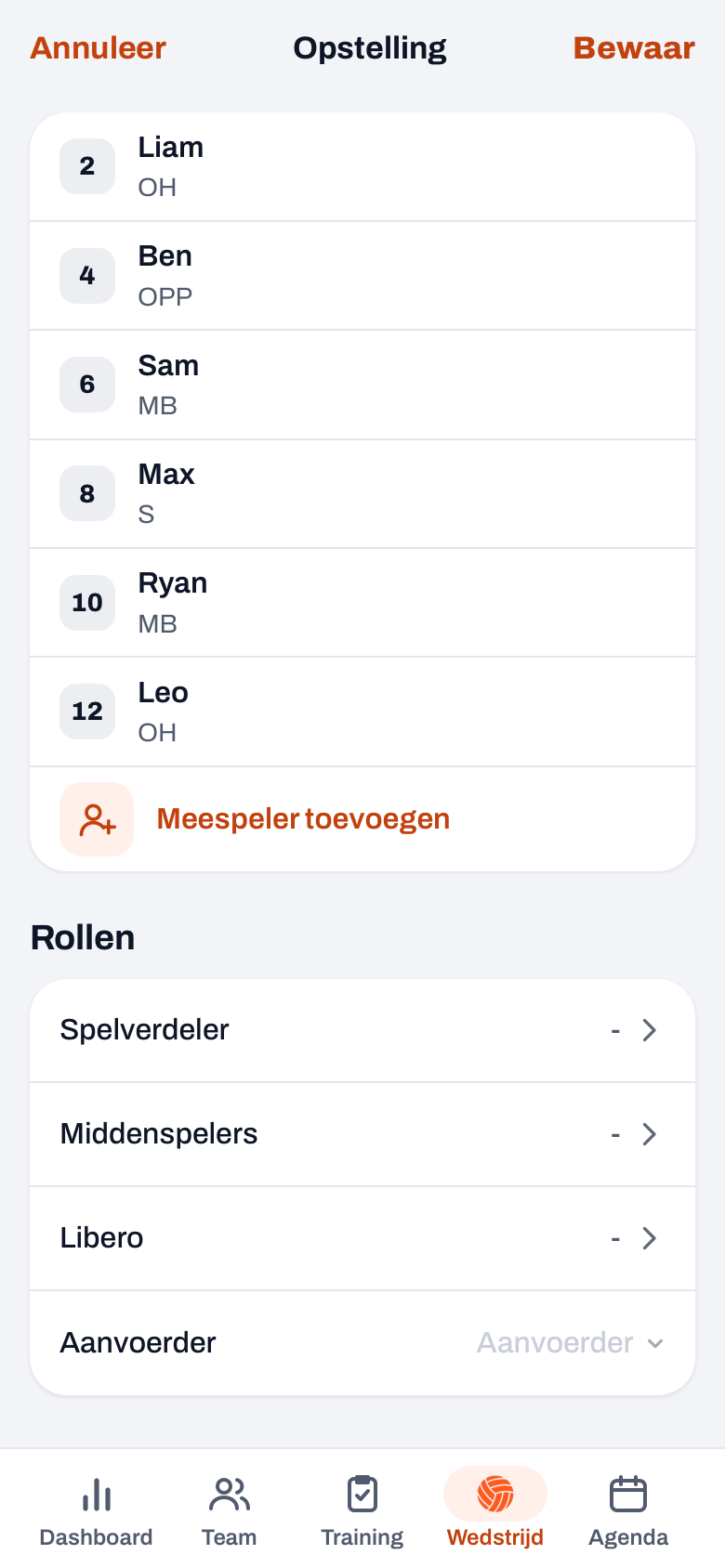 Planscherm Opstelling bij een geplande wedstrijd met de bank (rugnummer, naam en positie), Meespeler toevoegen en de Rollen