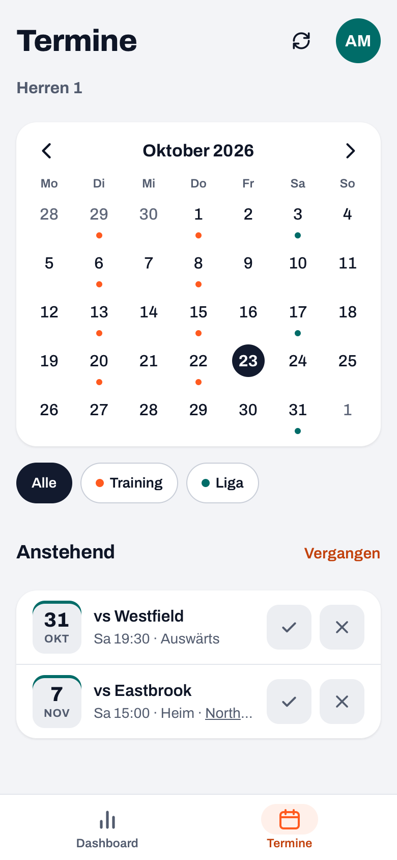 Termine eines Elternteils in der Koach-App: Monatsansicht und die nächsten Spiele mit Haken und Kreuz zum An- oder Abmelden