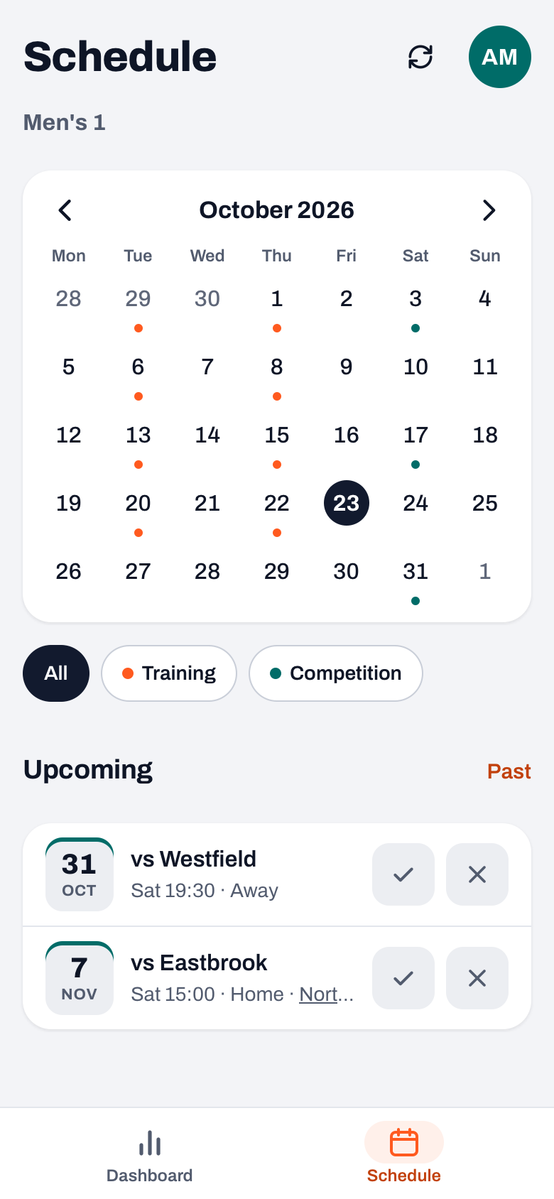 A parent's schedule in the Koach app: month grid and the upcoming matches, each with a tick and a cross to sign in or out