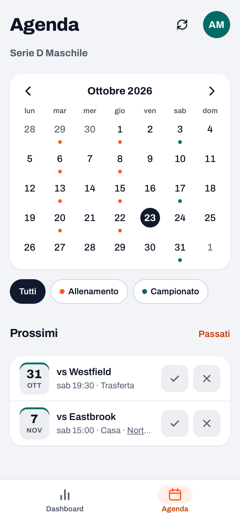 Agenda di un genitore nell'app Koach: griglia di ottobre e le prossime partite con un segno di spunta e una croce