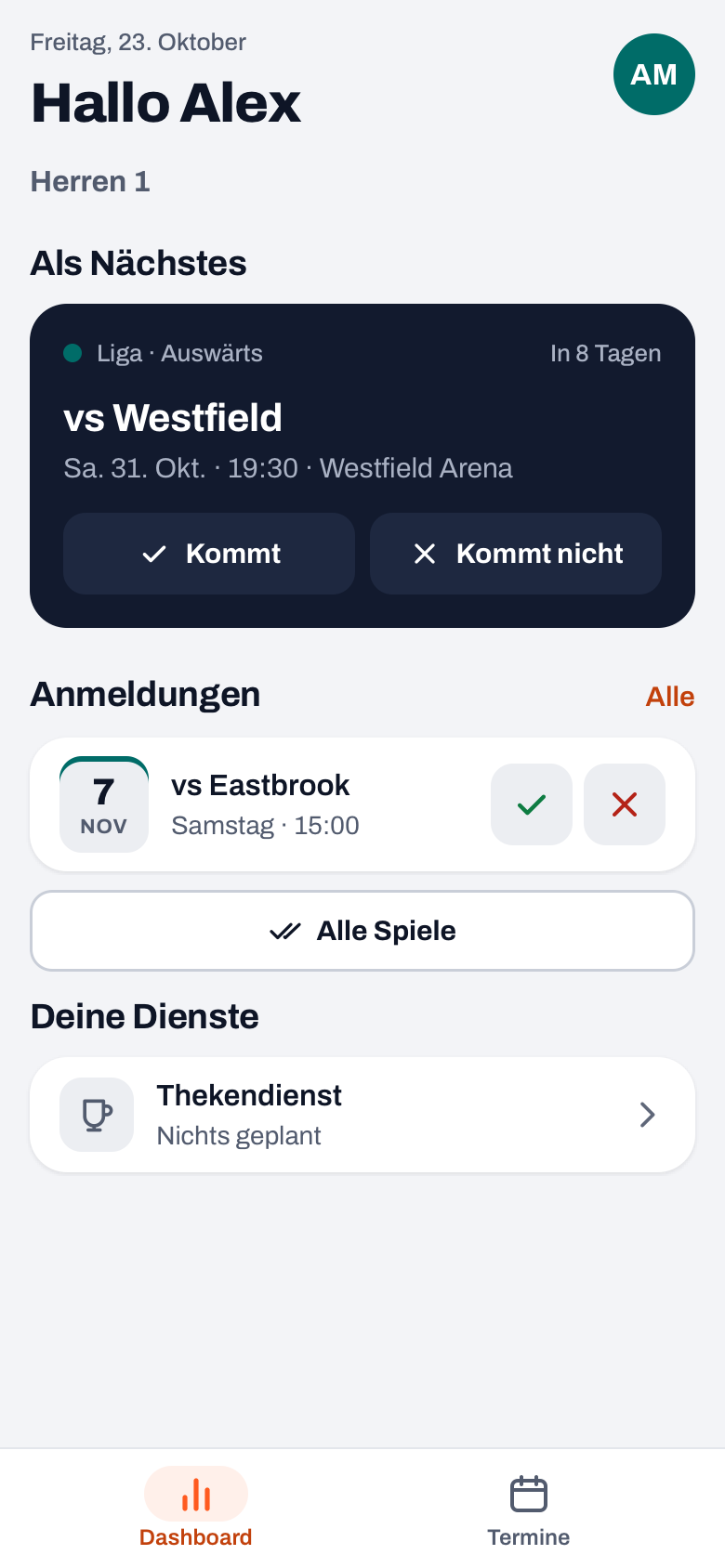 Dashboard eines Elternteils in der Koach-App: Als Nächstes mit Kommt und Kommt nicht, Anmeldungen mit Haken und Kreuz, Alle Spiele