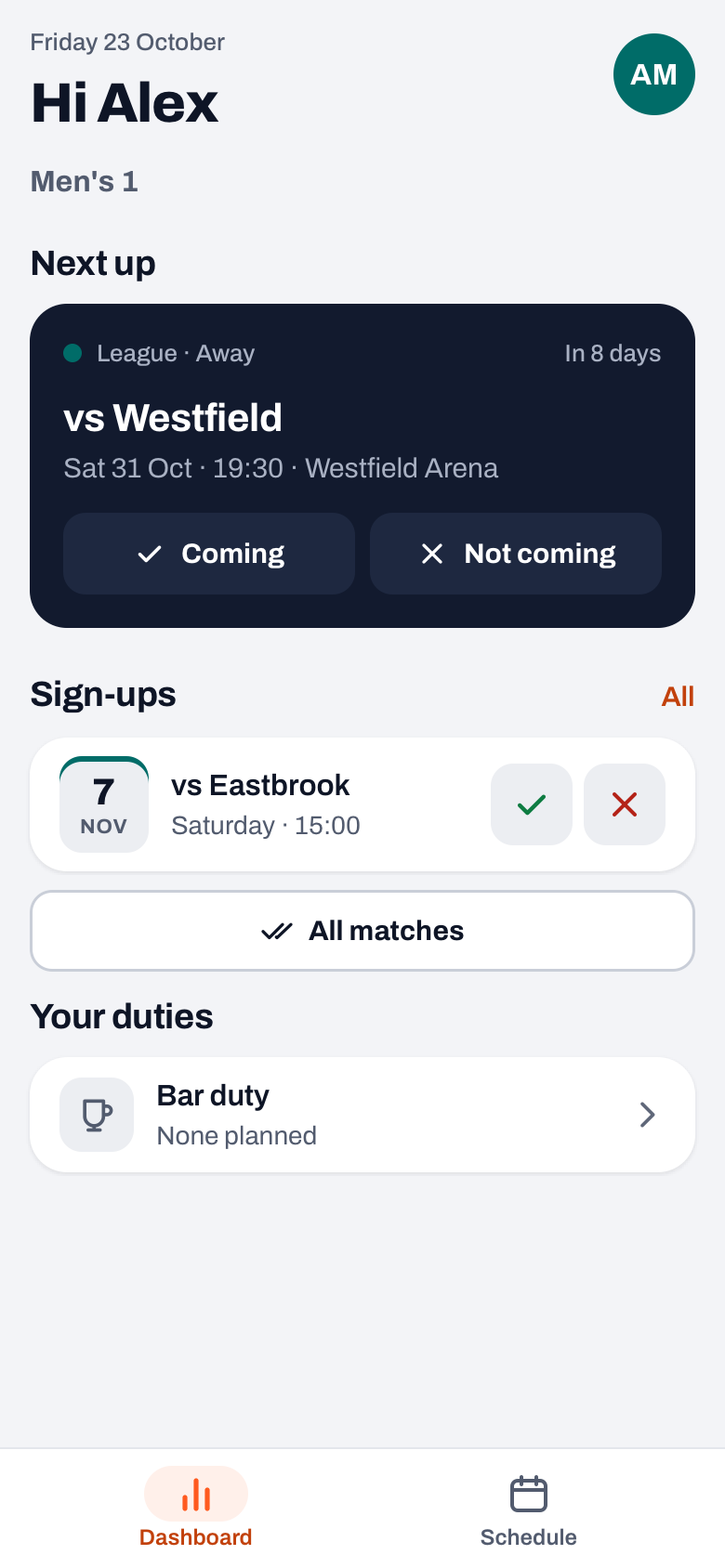 A parent's dashboard in the Koach app: Next up with Coming and Not coming, Sign-ups with a tick and a cross, and the All matches button