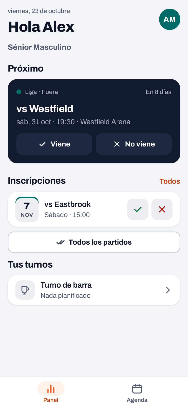 Panel de una familia en Koach con el próximo partido, Viene y No viene, Inscripciones y en Tus turnos la línea Turno de barra