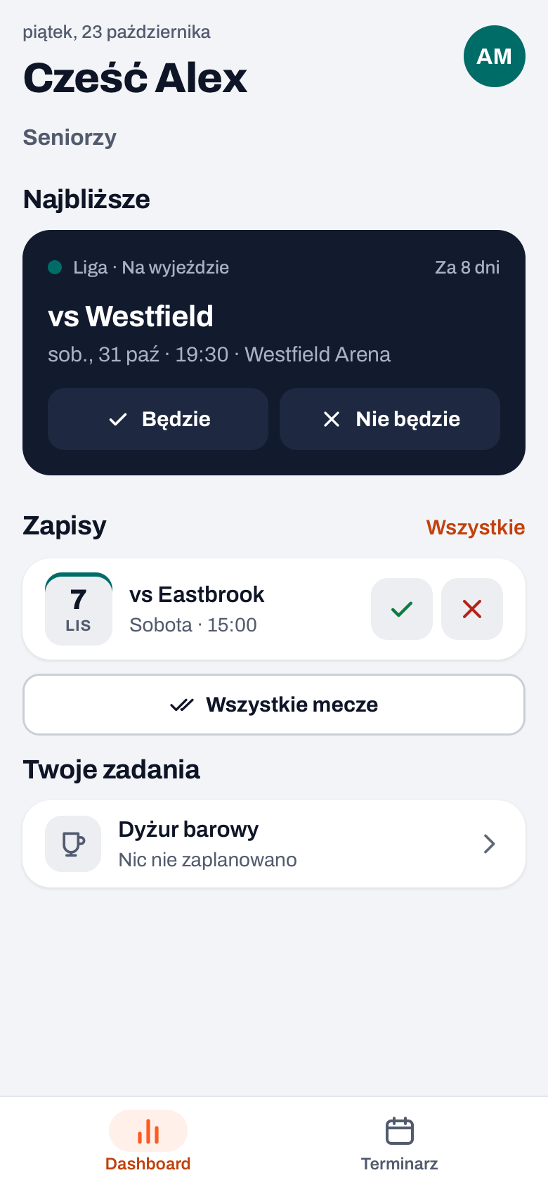 Dashboard rodzica w Koach: Najbliższe z przyciskami Będzie i Nie będzie, Zapisy, Wszystkie mecze i Twoje zadania