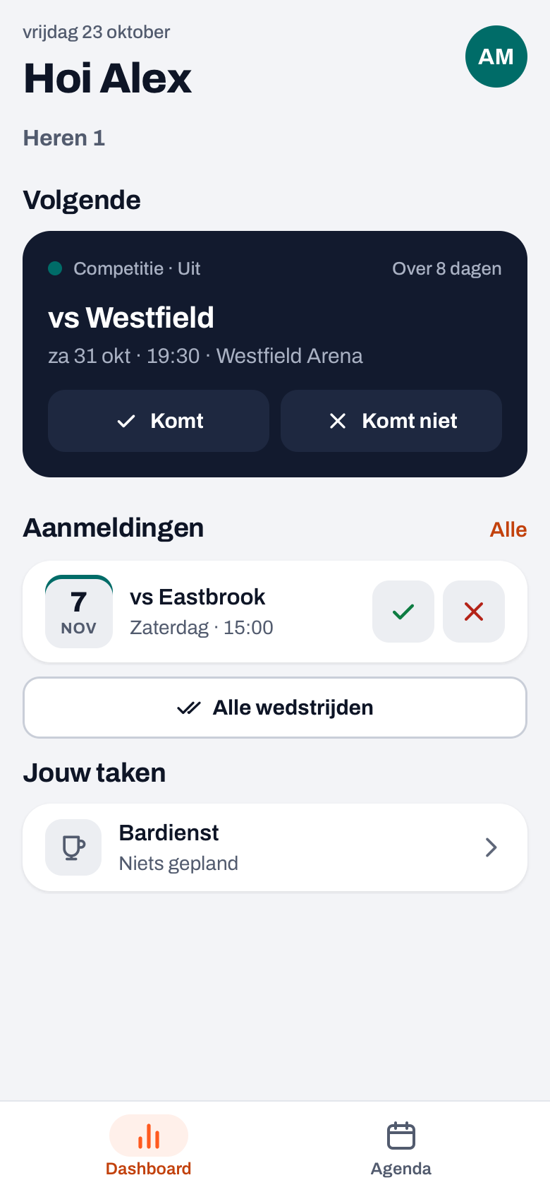 Dashboard van een ouder in de Koach-app: Volgende met de knoppen Komt en Komt niet, Aanmeldingen, Alle wedstrijden en Jouw taken