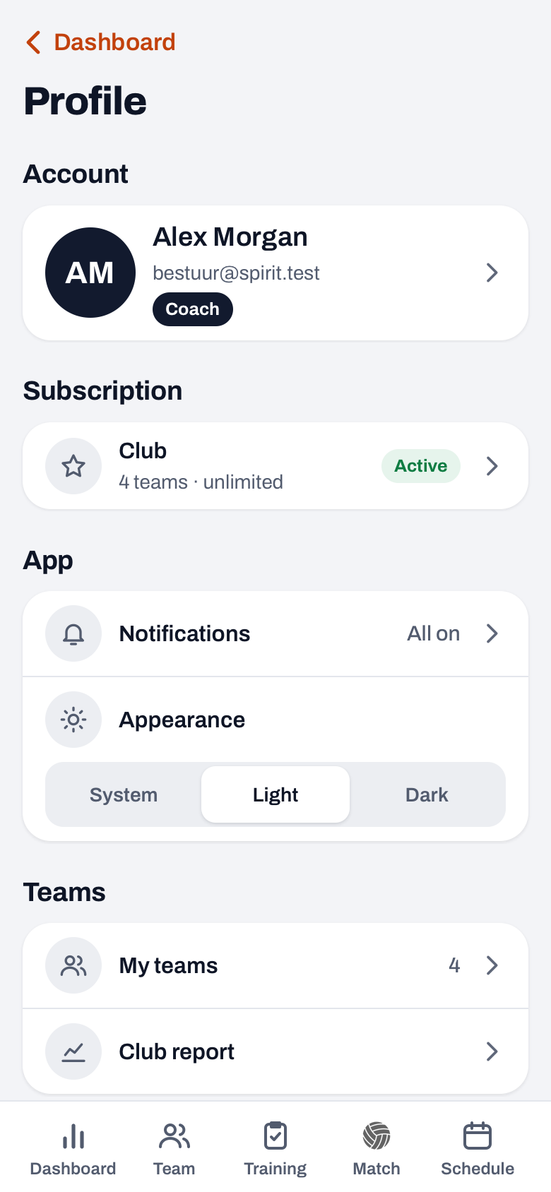 Profile in Koach with the groups Account, Subscription, App with Notifications and Appearance, and Teams with My teams