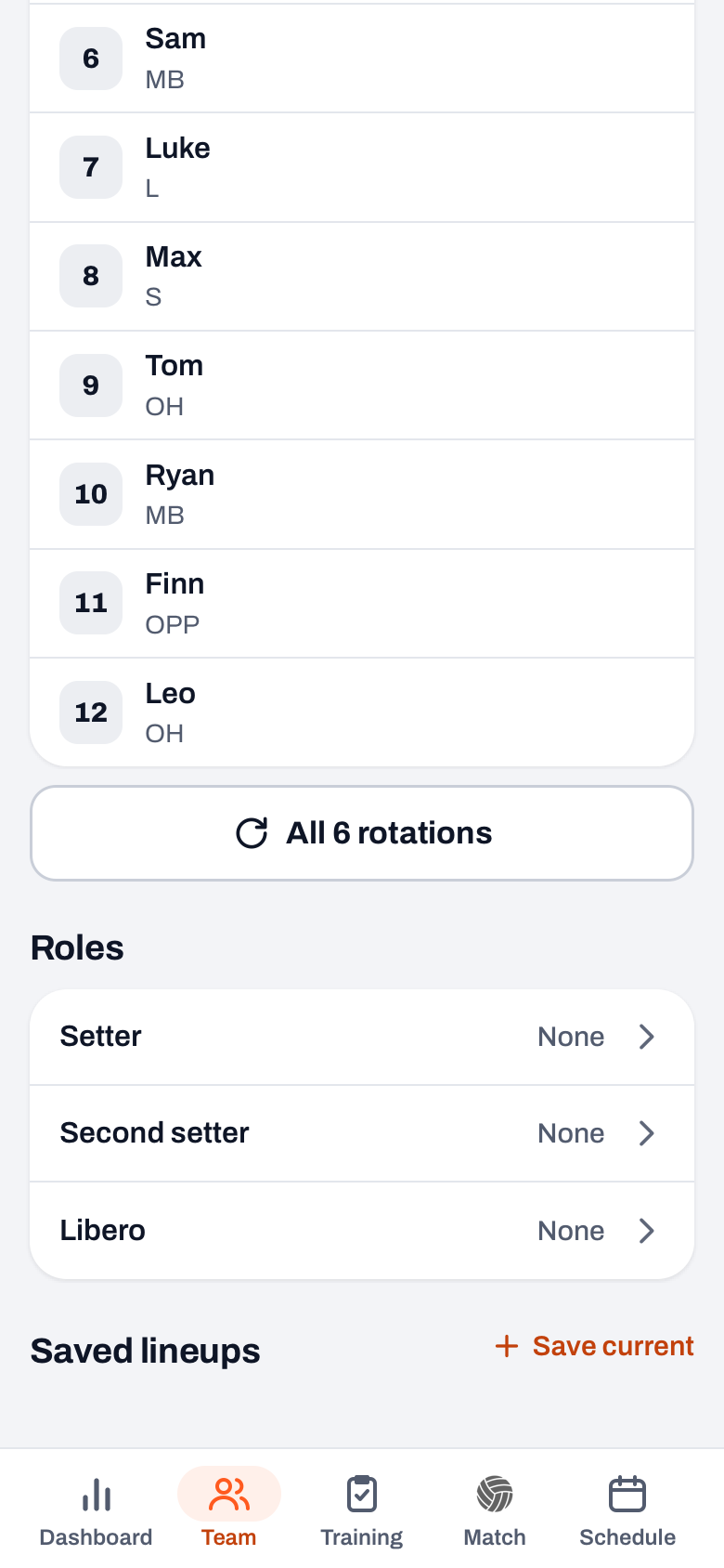 The Lineups segment in the Koach app: the bench, the All 6 rotations button and the roles Setter, Second setter and Libero