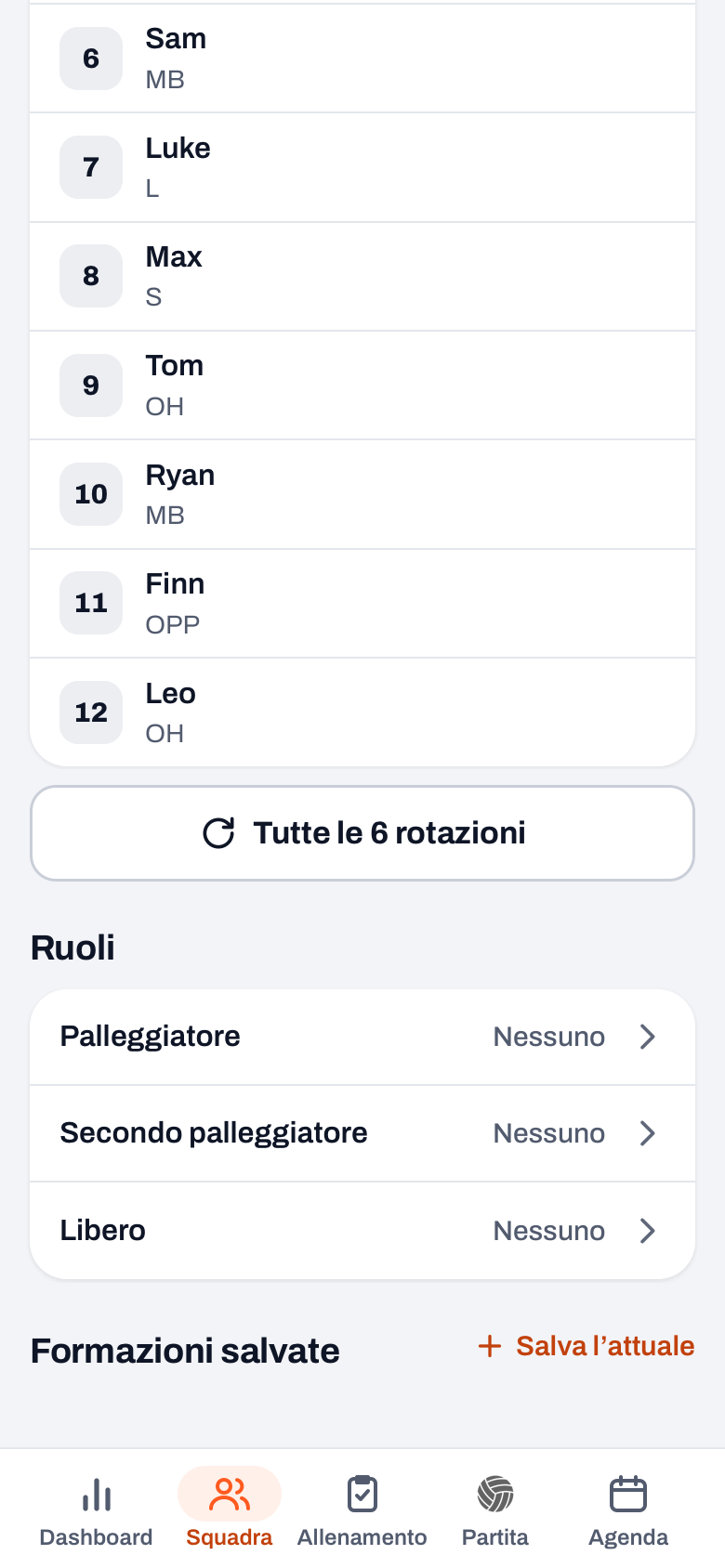 Il segmento Formazioni nell'app Koach: la panchina, il pulsante Tutte le 6 rotazioni e i ruoli Palleggiatore, Secondo palleggiatore e Libero
