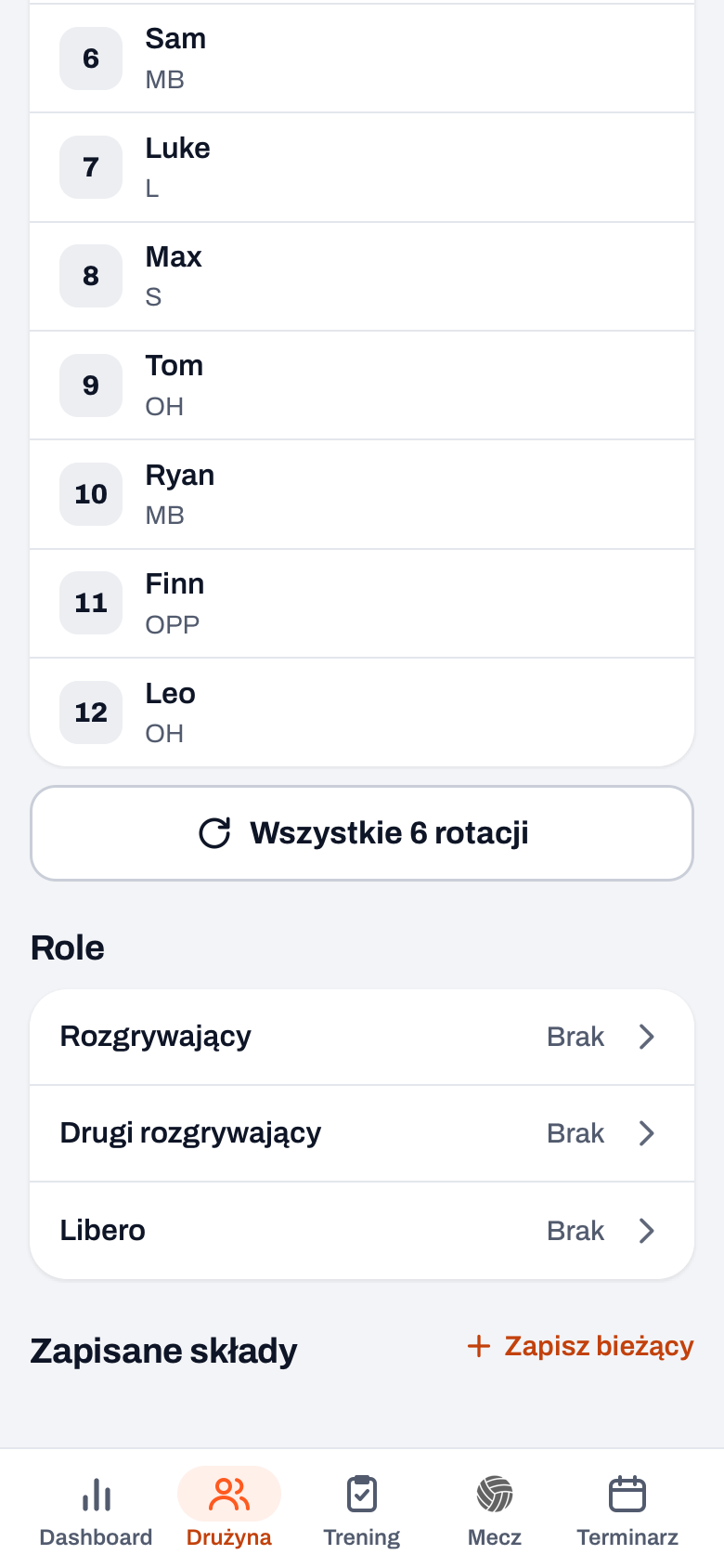 Segment Składy w aplikacji Koach: ławka, przycisk Wszystkie 6 rotacji i role Rozgrywający, Drugi rozgrywający i Libero