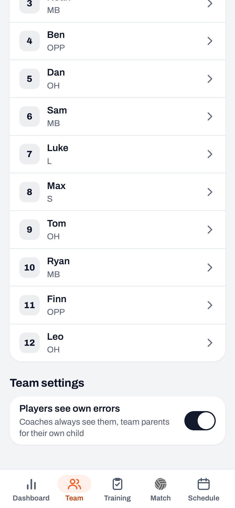 Team tab in Koach: player list with Team settings below it and the Players see own errors switch, turned on