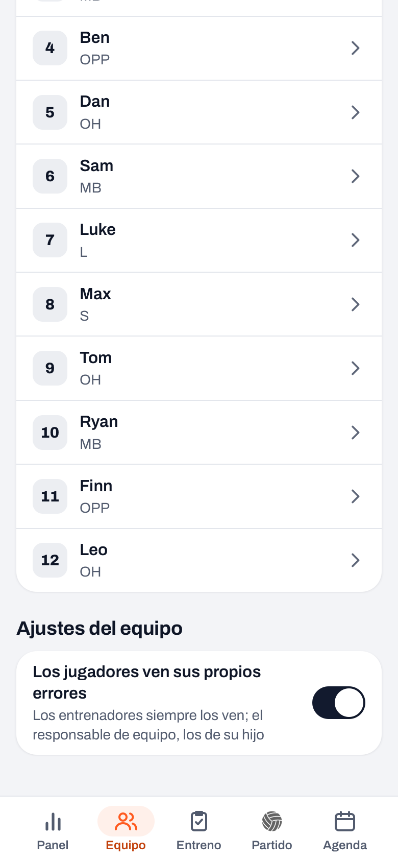 Pestaña Equipo con la lista de jugadores y el interruptor Los jugadores ven sus propios errores, con la línea Los entrenadores siempre los ven; el responsable de equipo, los de su hijo