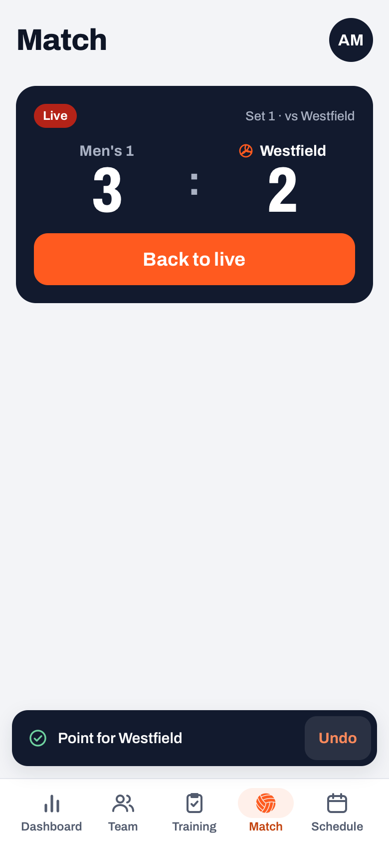 Match tab with the Live card, Set 1 vs Westfield, the score of the current set and the orange Back to live button