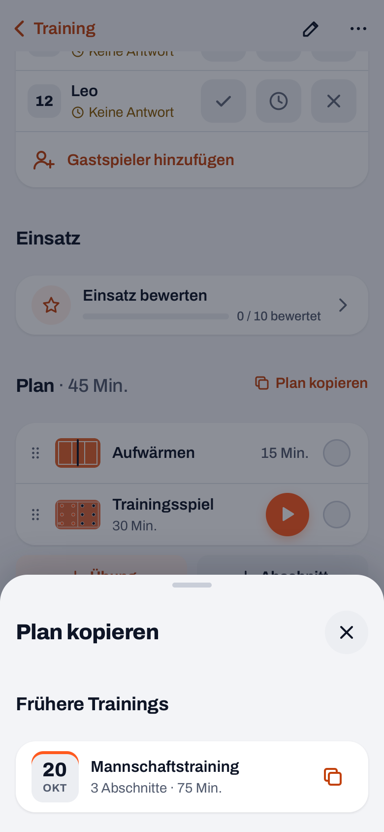 Fenster Plan kopieren in Koach mit einem früheren Training unter Frühere Trainings, mit Anzahl der Abschnitte und Minuten